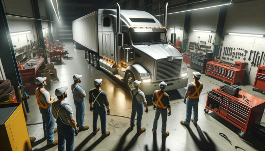 A scene in a spacious garage with workers, wearing caps. They are focused on a large, realistic heavy-duty truck.