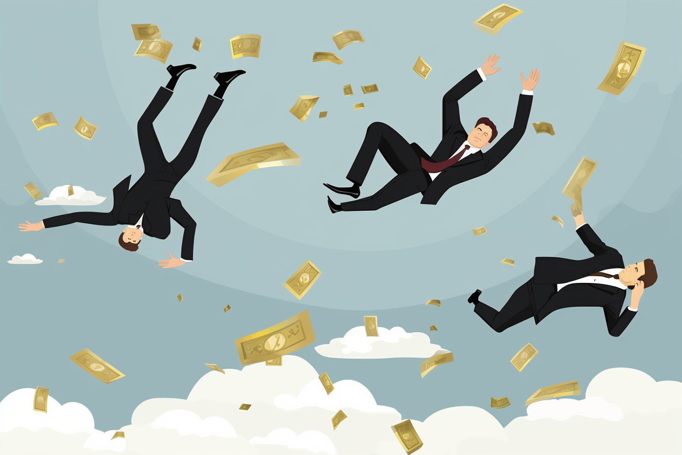 Executives in suits money falling from sky