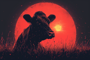 Dairy cow with red hot sun in background
