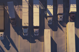 Artistic image of trucks from above parked in parking lot