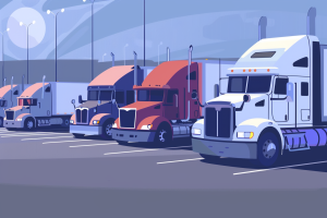 Artistic image of trucks parked in parking lot