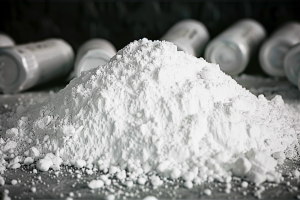 Illustration of a pile of white powder of Zinc Oxide in front of batteries